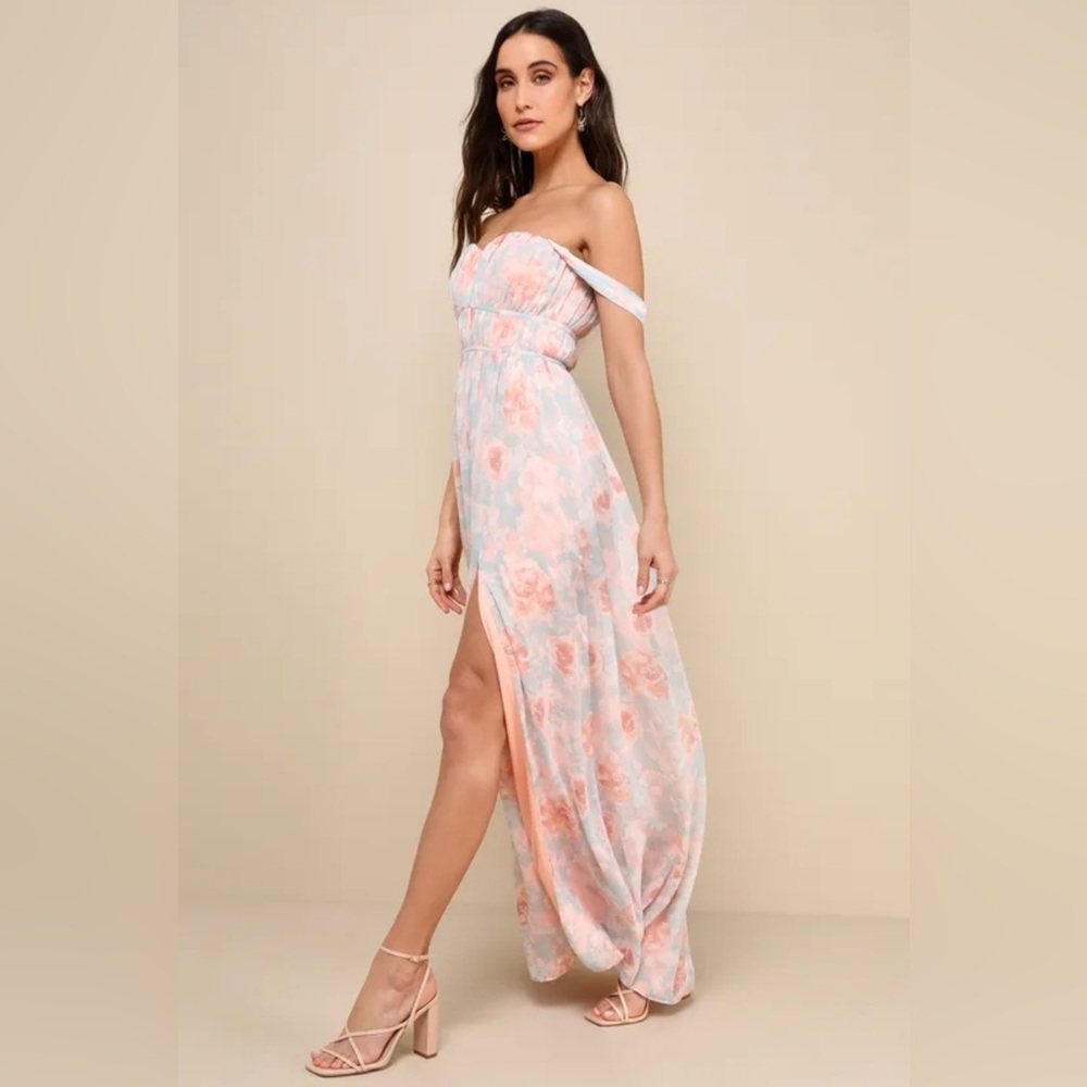 Lulu's Pastel Floral One-Shoulder Maxi Dress in Peach and Light Blue